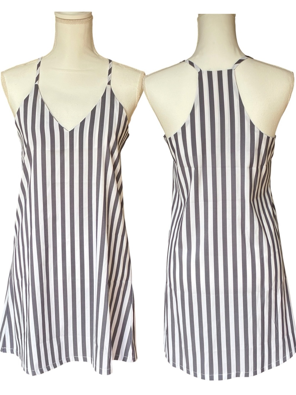 SHEIN Gray & White Vertical Stripe Slip Mini Casual Summer Slip‎ Dress V-Neck S
